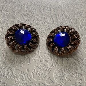 Vintage-Style Royal Blue Plastic Cabochon Statement Clip-On Earrings 1 5/8"